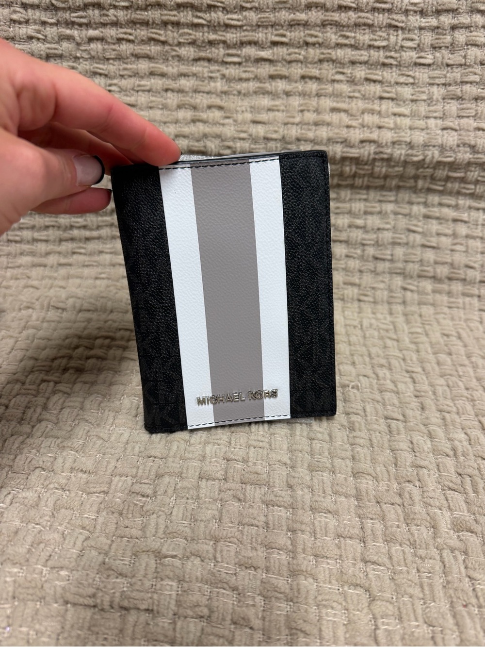 Michael Kors Black, White and Gray Vertical Stripe Card Holder